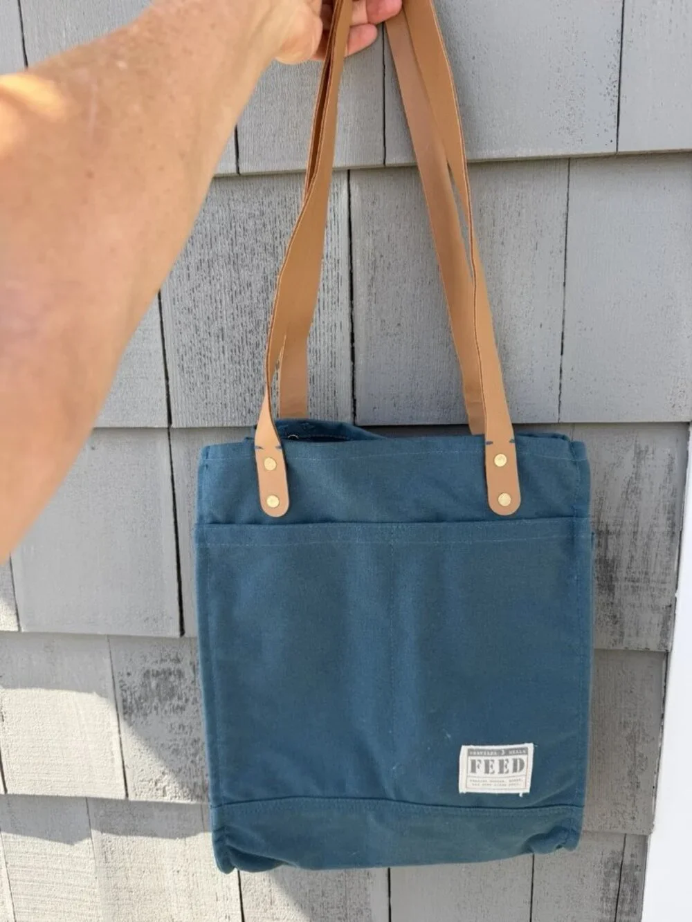 FEED Projects teal double-handle canvas pockets travel academia indie totebag